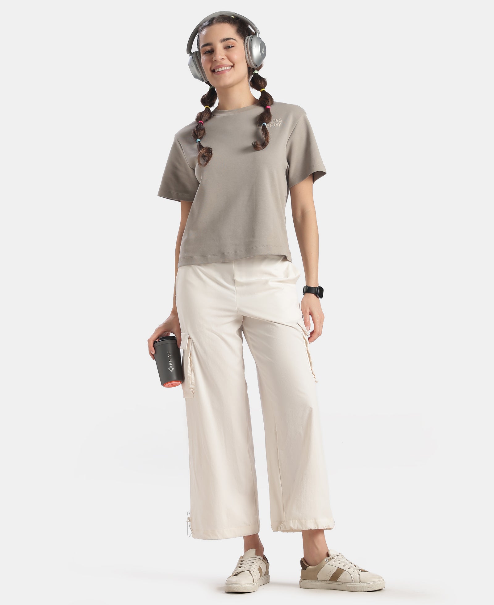 Microfiber Fabric Oversized Cargo Utility Pants with Inner Drawstrings - Egret