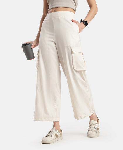 Microfiber Fabric Oversized Cargo Utility Pants with Inner Drawstrings - Egret