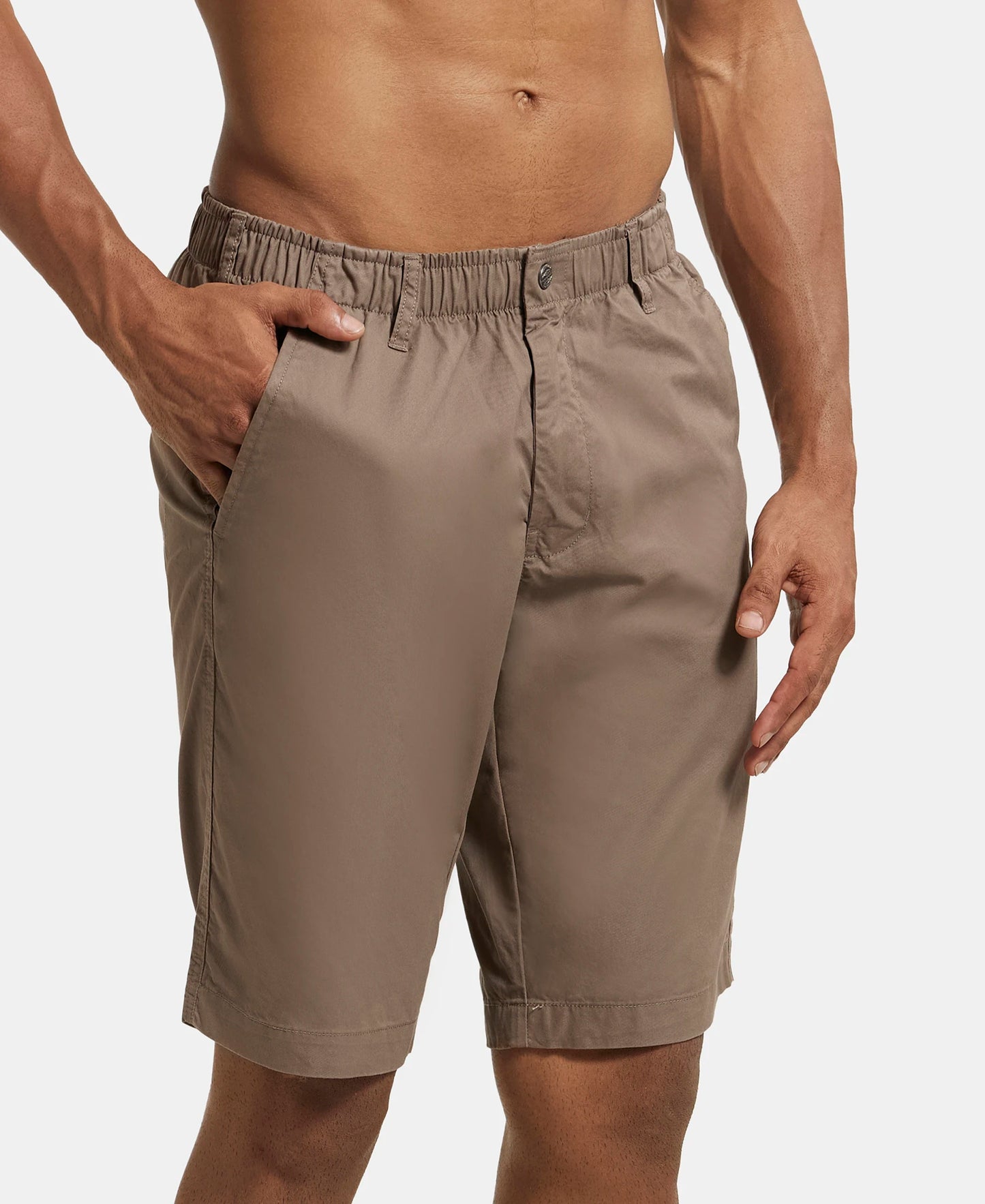 Super Combed Mercerised Cotton Woven Straight Fit Shorts with Side Pockets - Dark Khaki-2