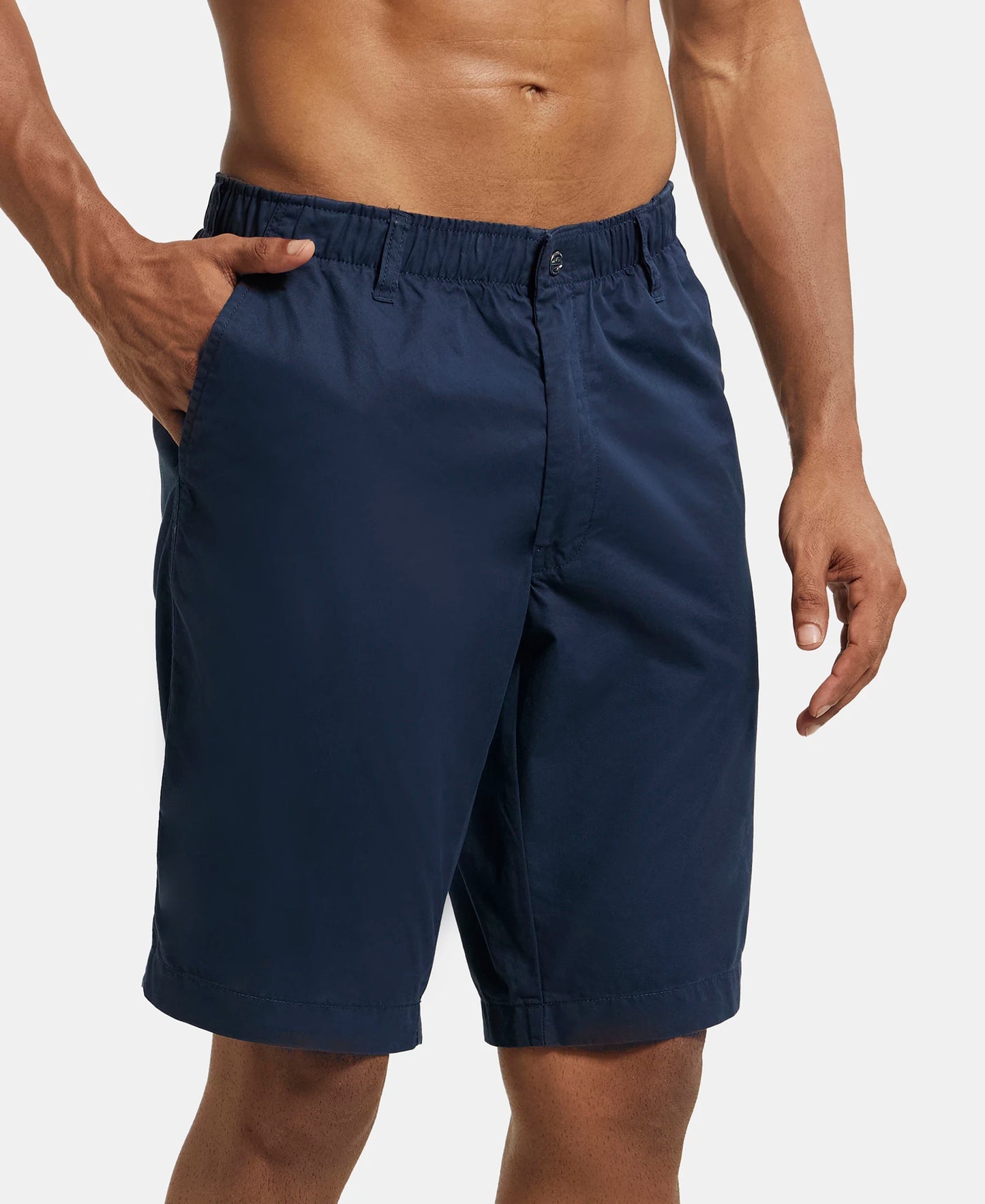 Super Combed Mercerised Cotton Woven Straight Fit Shorts with Side Pockets - Navy-2
