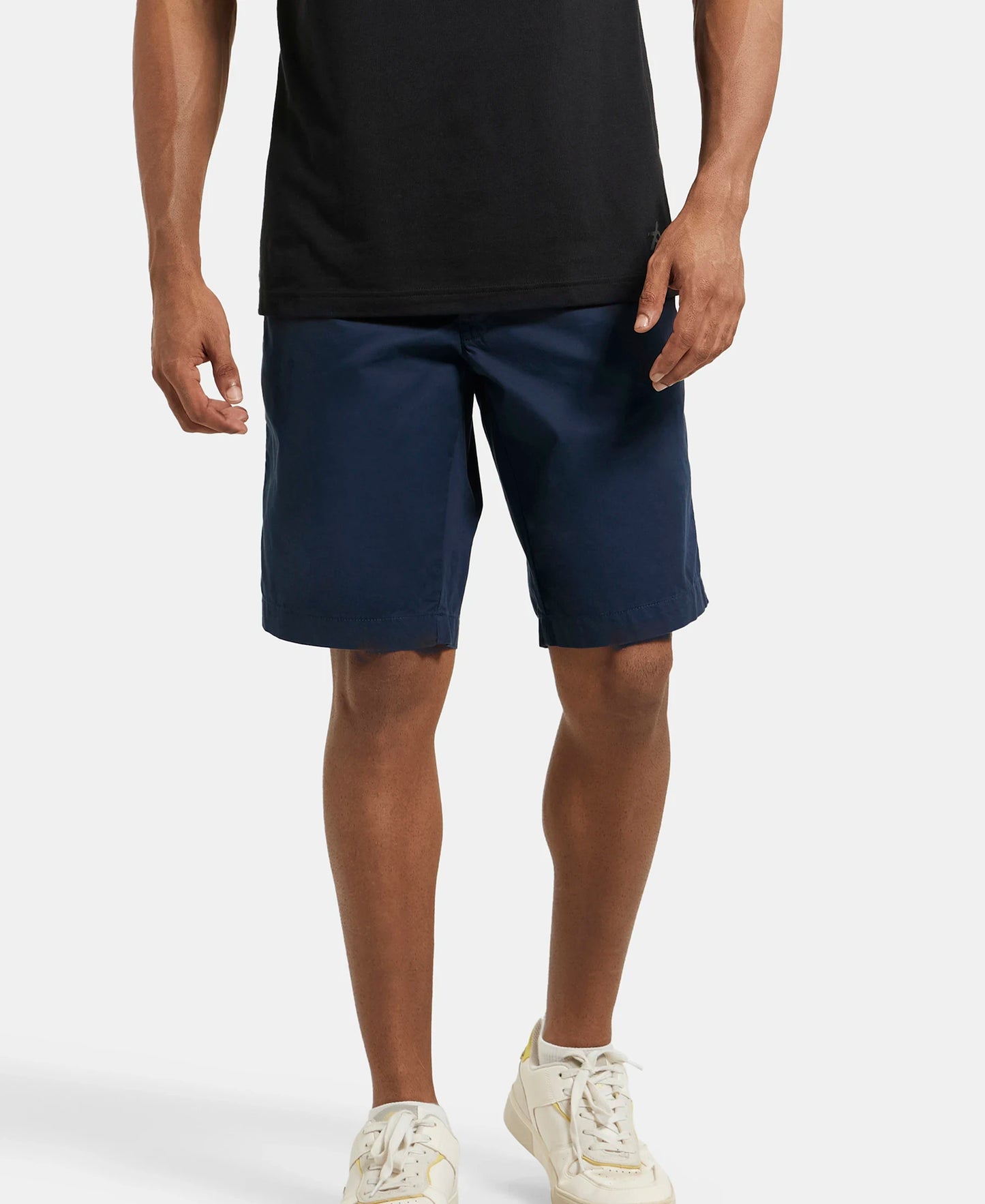 Super Combed Mercerised Cotton Woven Straight Fit Shorts with Side Pockets - Navy-5
