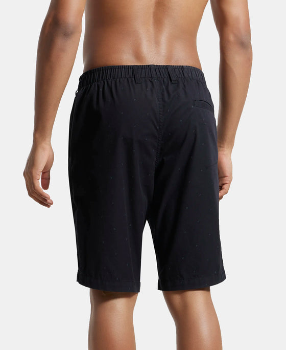 Super Combed Mercerised Cotton Woven Printed Straight Fit Shorts with Side Pockets - Black-3