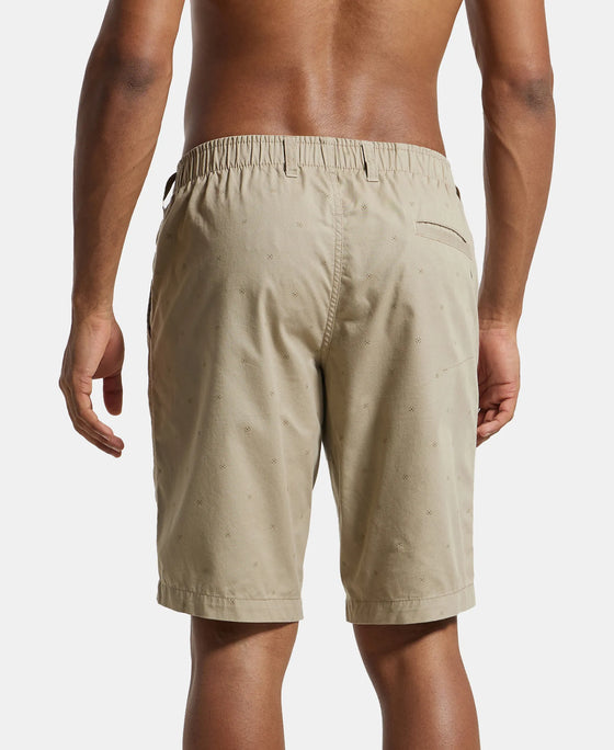 Super Combed Mercerised Cotton Woven Printed Straight Fit Shorts with Side Pockets - Khaki-2