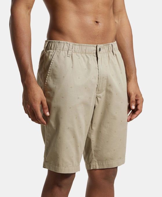 Super Combed Mercerised Cotton Woven Printed Straight Fit Shorts with Side Pockets - Khaki-3