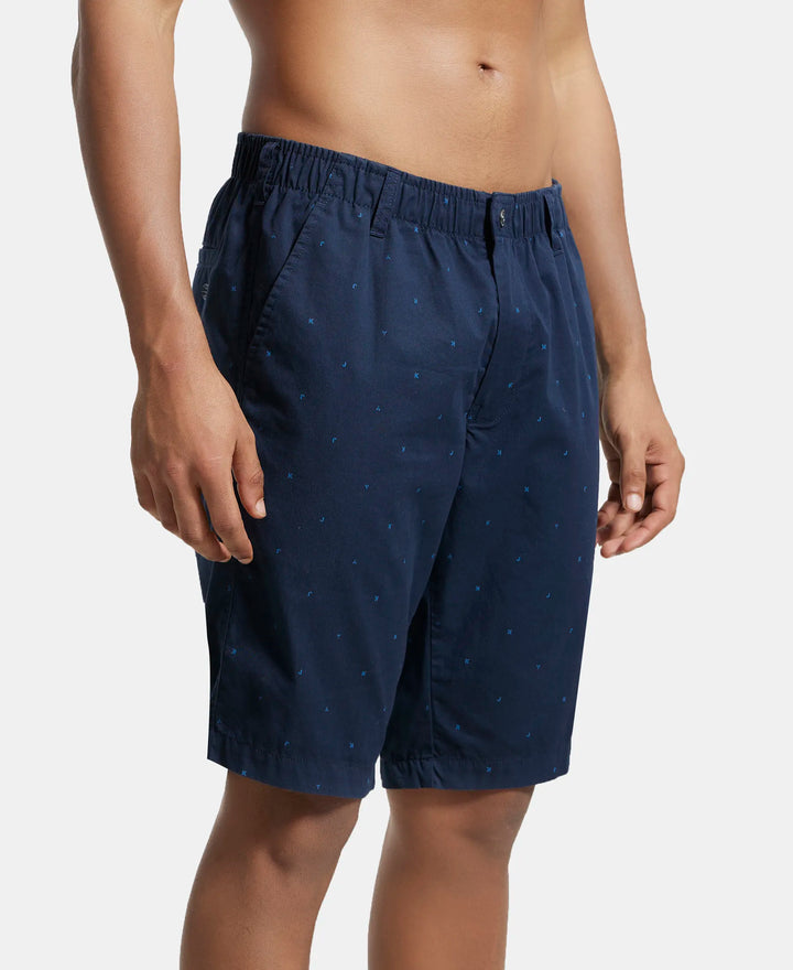 Super Combed Mercerised Cotton Woven Printed Straight Fit Shorts with Side Pockets - Navy-2