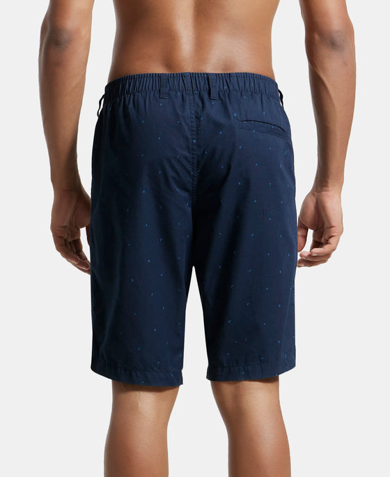 Super Combed Mercerised Cotton Woven Printed Straight Fit Shorts with Side Pockets - Navy-3