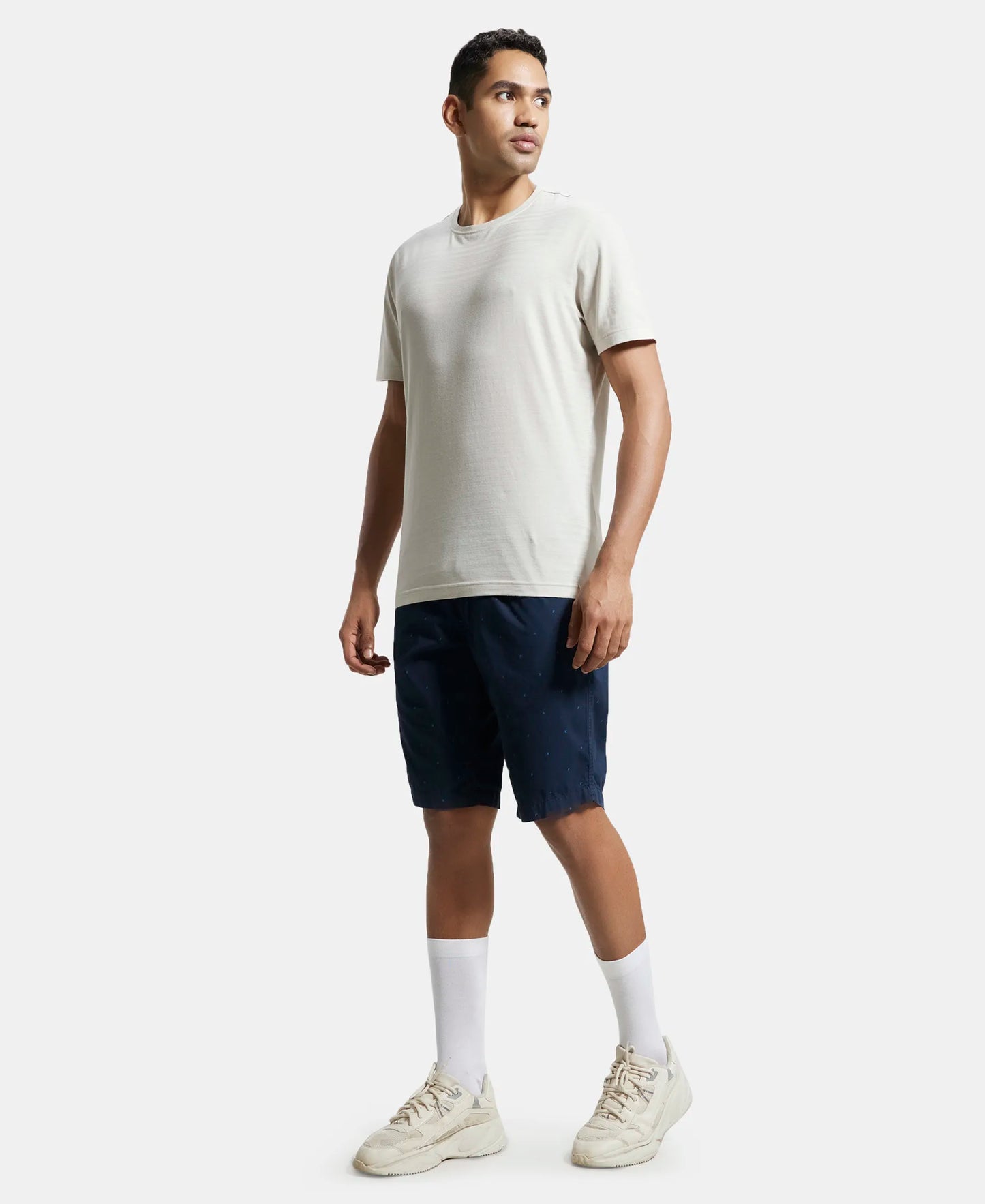 Super Combed Mercerised Cotton Woven Printed Straight Fit Shorts with Side Pockets - Navy-4