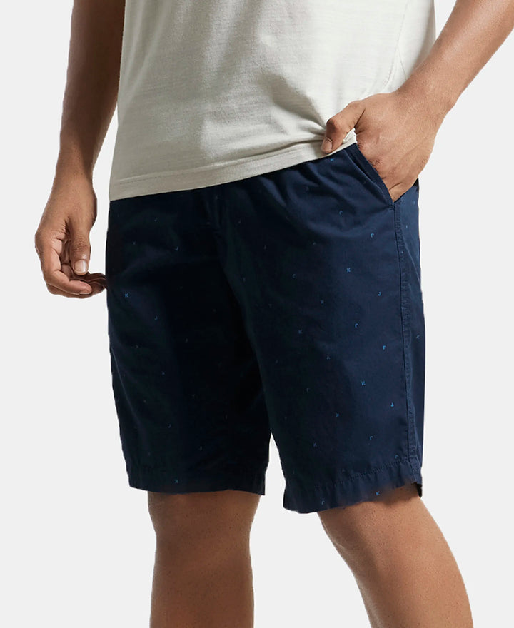 Super Combed Mercerised Cotton Woven Printed Straight Fit Shorts with Side Pockets - Navy-5