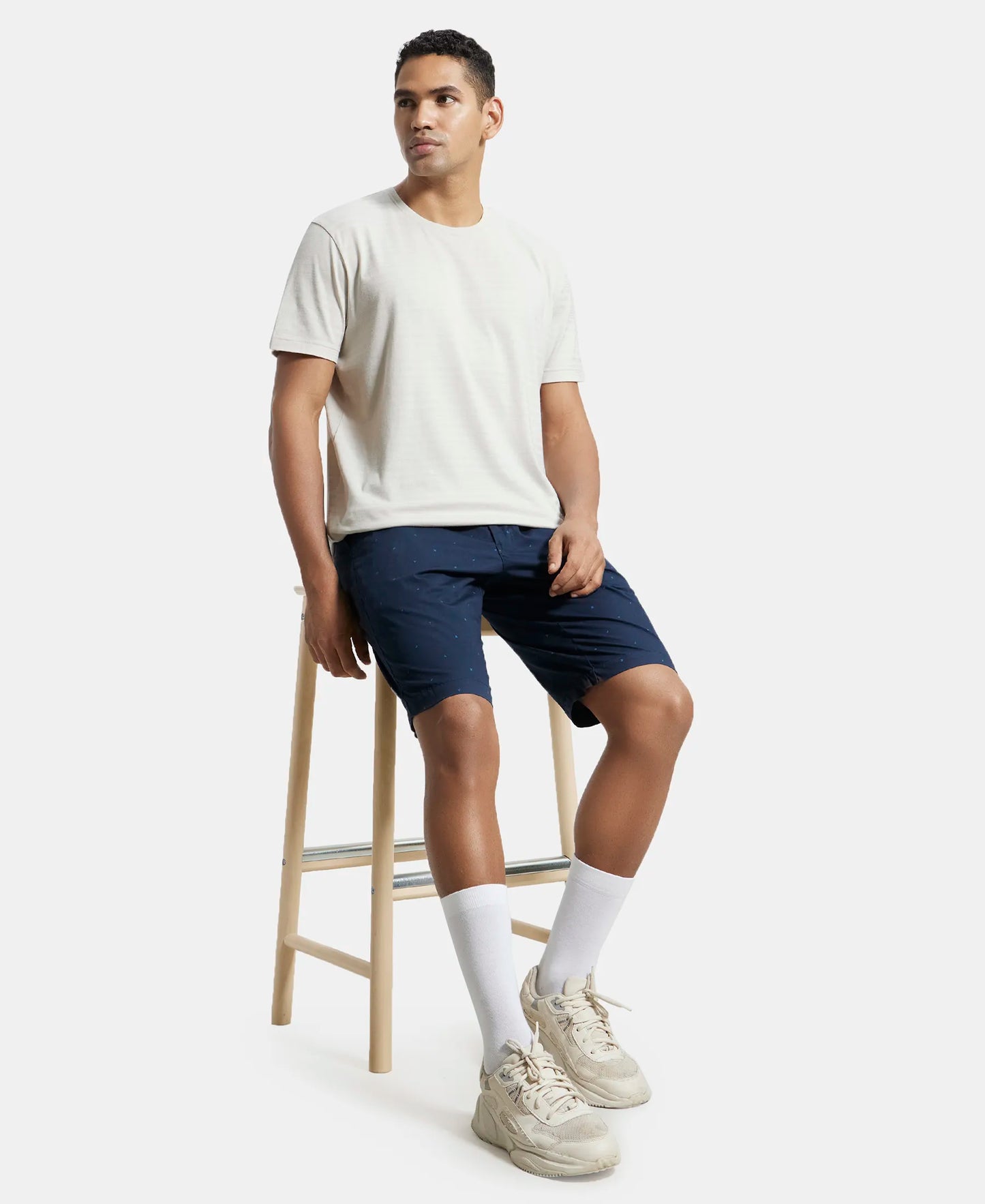 Super Combed Mercerised Cotton Woven Printed Straight Fit Shorts with Side Pockets - Navy-6