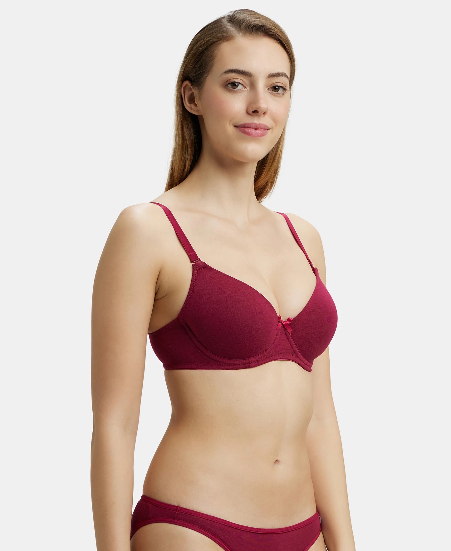 Under-Wired Padded Super Combed Cotton Elastane Medium Coverage T-Shirt Bra with Detachable Straps - Beet Red-2