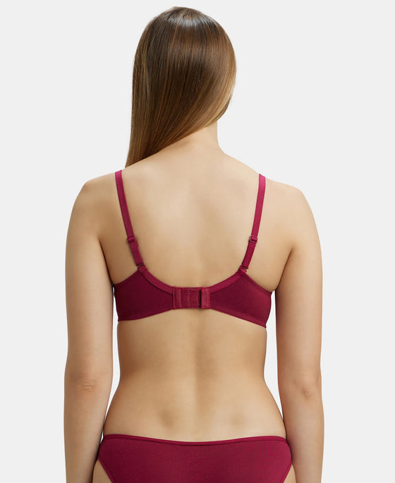 Under-Wired Padded Super Combed Cotton Elastane Medium Coverage T-Shirt Bra with Detachable Straps - Beet Red-3