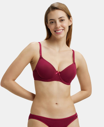 Under-Wired Padded Super Combed Cotton Elastane Medium Coverage T-Shirt Bra with Detachable Straps - Beet Red-5