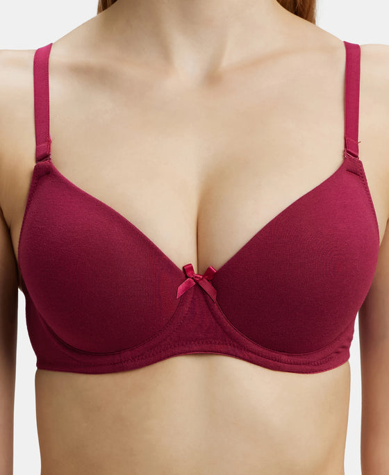 Under-Wired Padded Super Combed Cotton Elastane Medium Coverage T-Shirt Bra with Detachable Straps - Beet Red-7