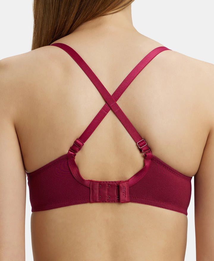 Under-Wired Padded Super Combed Cotton Elastane Medium Coverage T-Shirt Bra with Detachable Straps - Beet Red-8
