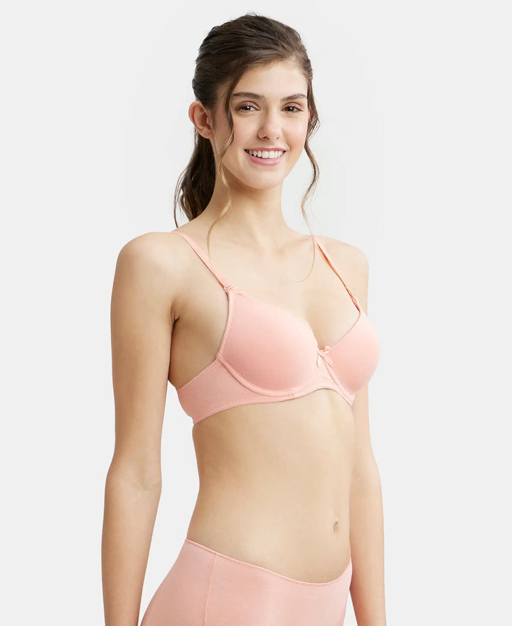 Under-Wired Padded Super Combed Cotton Elastane Medium Coverage T-Shirt Bra with Detachable Straps - Candlelight Peach-2