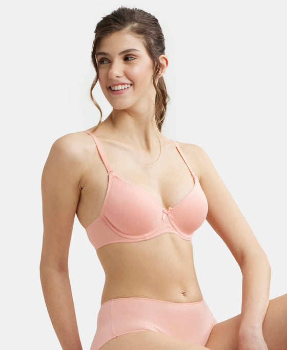 Under-Wired Padded Super Combed Cotton Elastane Medium Coverage T-Shirt Bra with Detachable Straps - Candlelight Peach-5