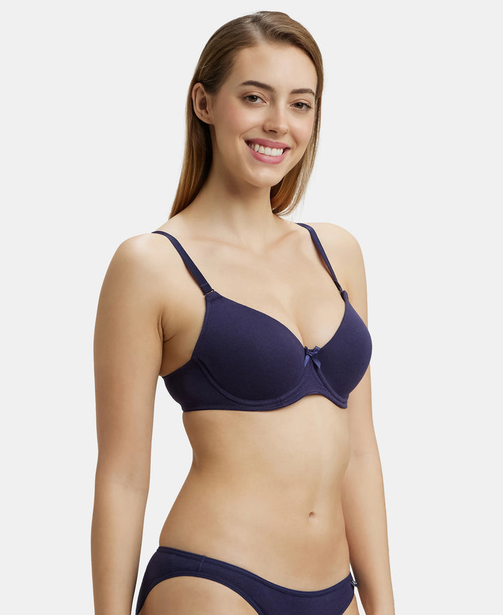 Under-Wired Padded Super Combed Cotton Elastane Medium Coverage T-Shirt Bra with Detachable Straps - Classic Navy-2