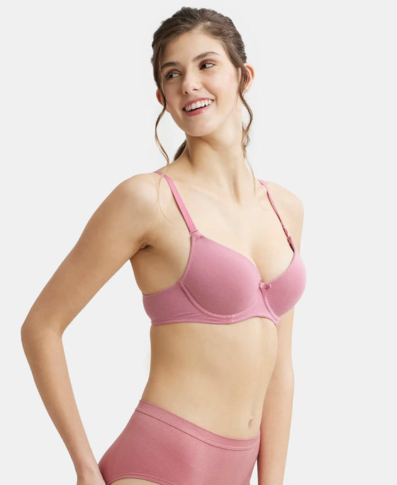 Under-Wired Padded Super Combed Cotton Elastane Medium Coverage T-Shirt Bra with Detachable Straps - Heather Rose-2