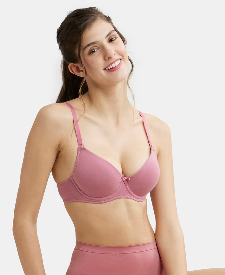 Under-Wired Padded Super Combed Cotton Elastane Medium Coverage T-Shirt Bra with Detachable Straps - Heather Rose-5