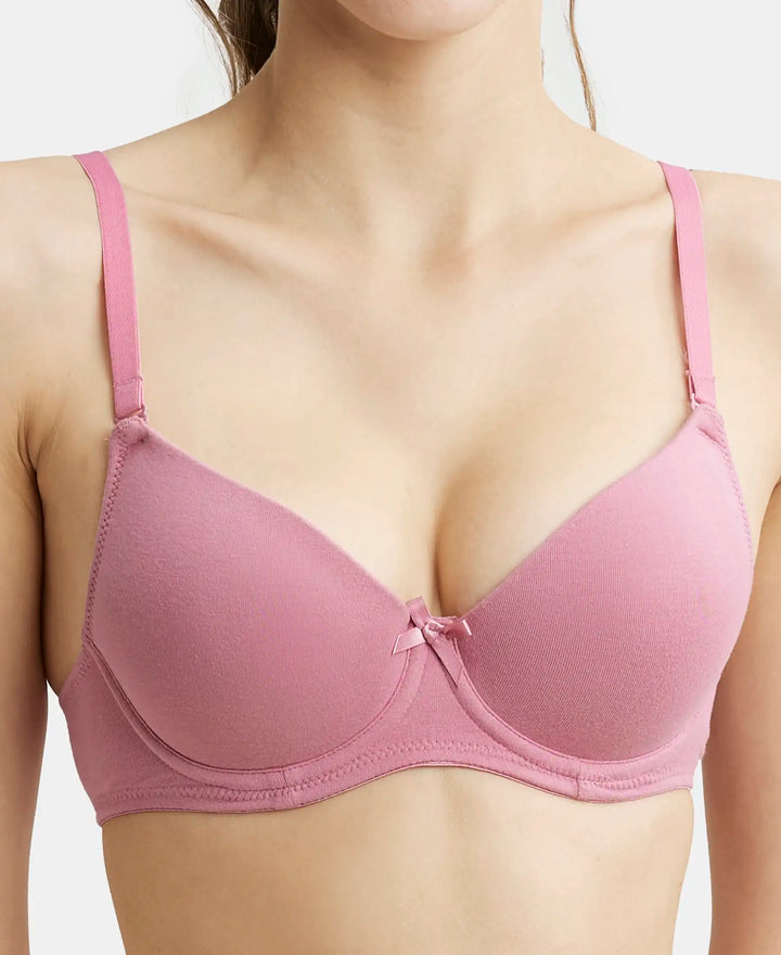 Under-Wired Padded Super Combed Cotton Elastane Medium Coverage T-Shirt Bra with Detachable Straps - Heather Rose-7