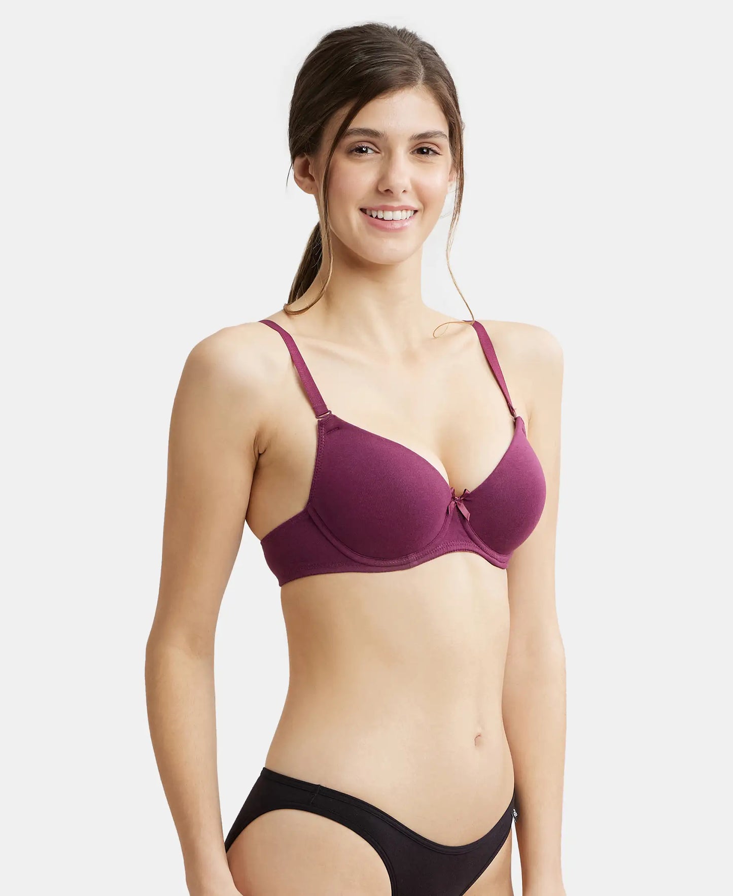 Under-Wired Padded Super Combed Cotton Elastane Medium Coverage T-Shirt Bra with Detachable Straps - Prune-2
