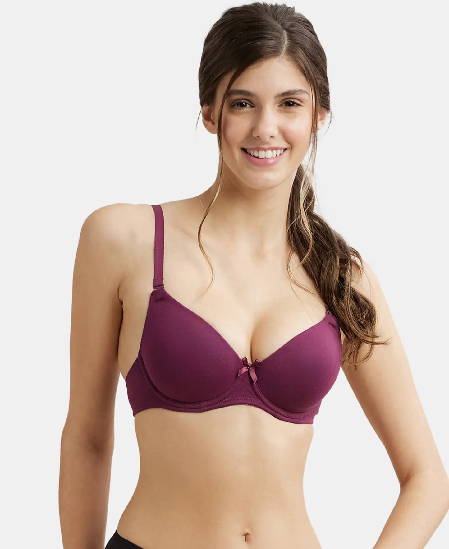 Under-Wired Padded Super Combed Cotton Elastane Medium Coverage T-Shirt Bra with Detachable Straps - Prune-5