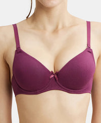 Under-Wired Padded Super Combed Cotton Elastane Medium Coverage T-Shirt Bra with Detachable Straps - Prune-7