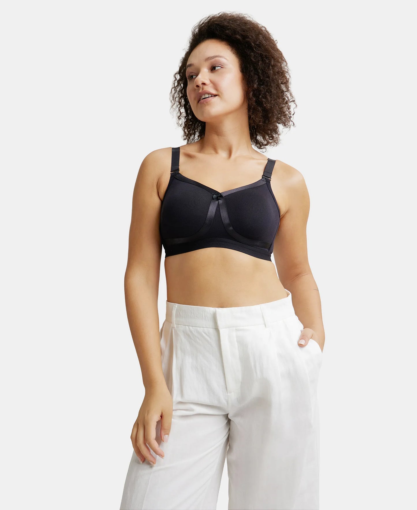 Wirefree Non Padded Super Combed Cotton Elastane Full Coverage Everyday Bra with Detachable Straps - Black-6