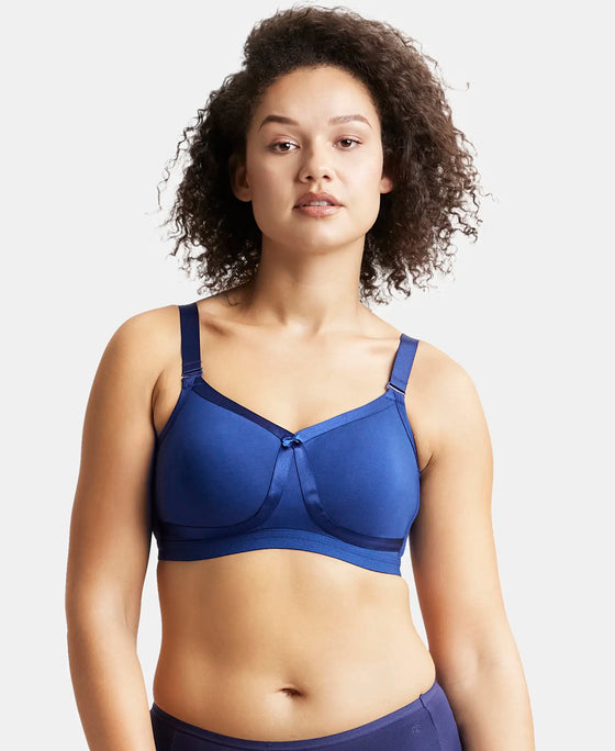 Wirefree Non Padded Super Combed Cotton Elastane Full Coverage Everyday Bra with Detachable Straps - Blue Depth-1