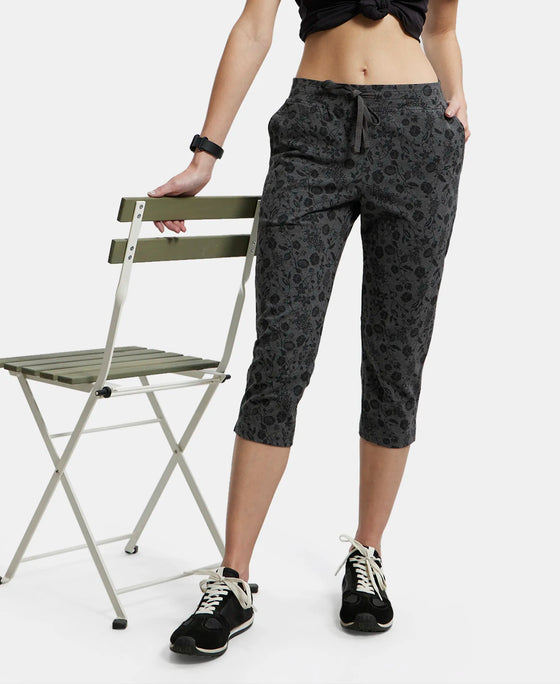 Super Combed Cotton Elastane Slim Fit Printed Capri with Side Pockets - Charcoal Printed-5