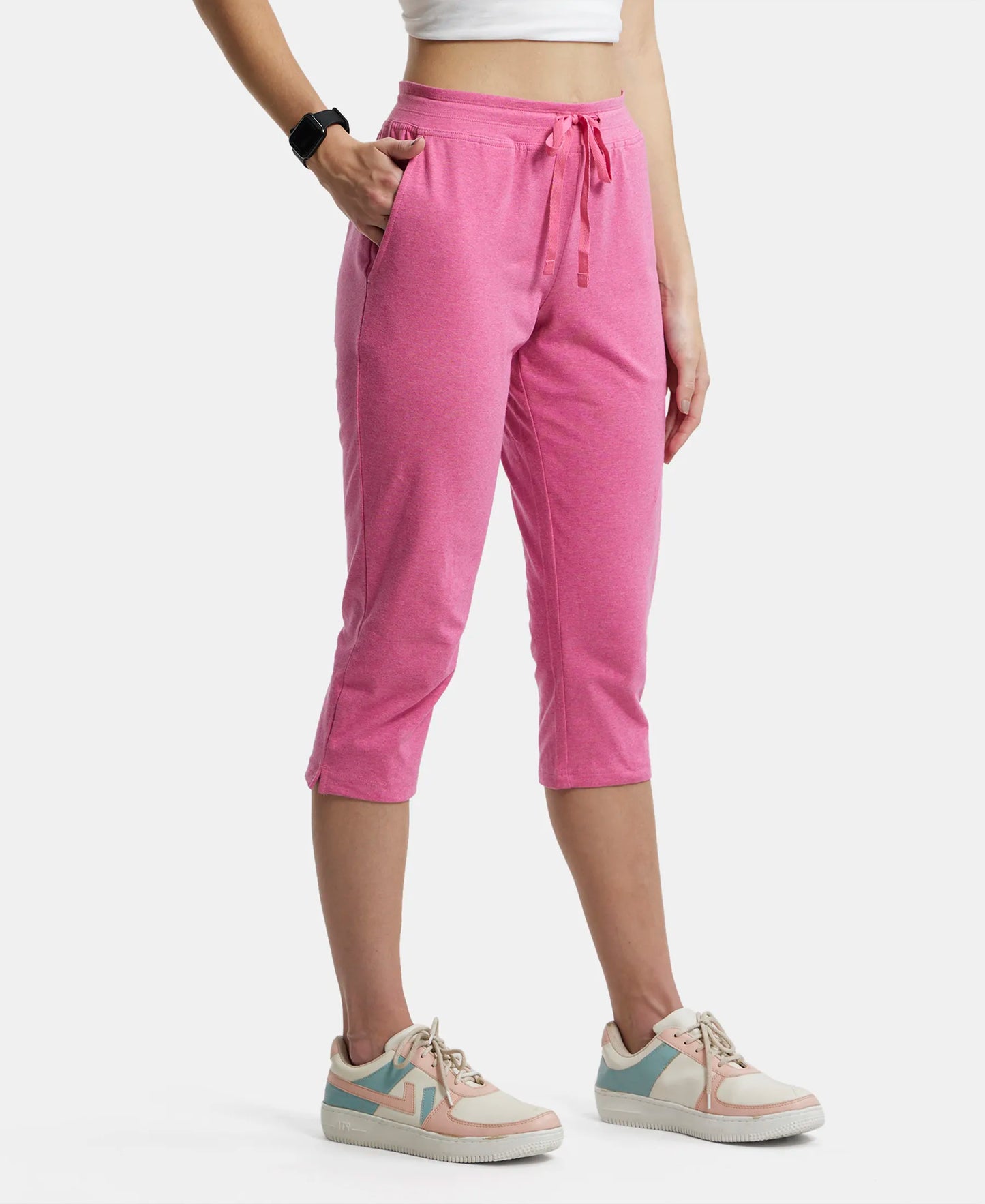Super Combed Cotton Elastane Slim Fit Printed Capri with Side Pockets - Ibis Rose Melange-2