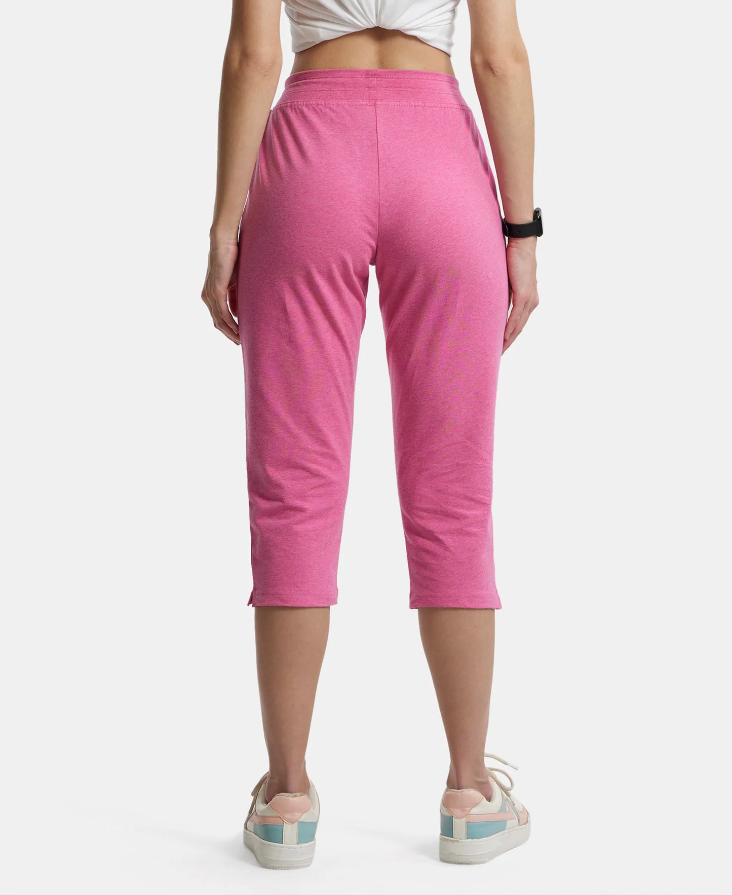 Super Combed Cotton Elastane Slim Fit Printed Capri with Side Pockets - Ibis Rose Melange-3