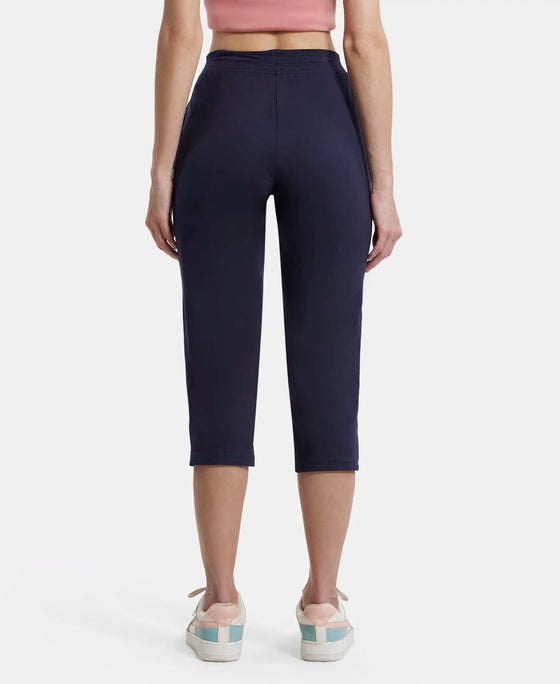 Super Combed Cotton Elastane Slim Fit Printed Capri with Side Pockets - Navy Blazer-3