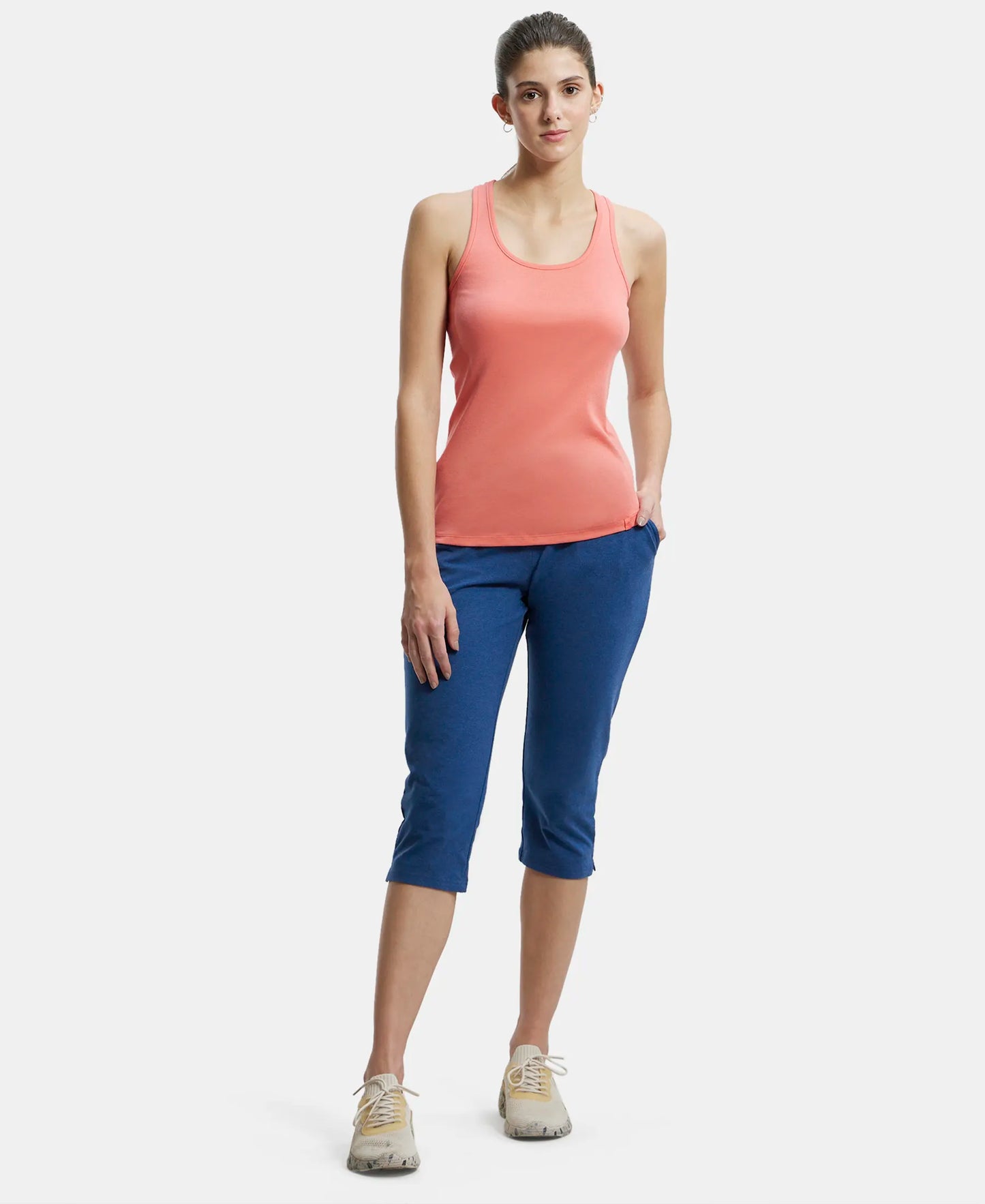 Super Combed Cotton Elastane Slim Fit Printed Capri with Side Pockets - Vintage Denim Melange-4