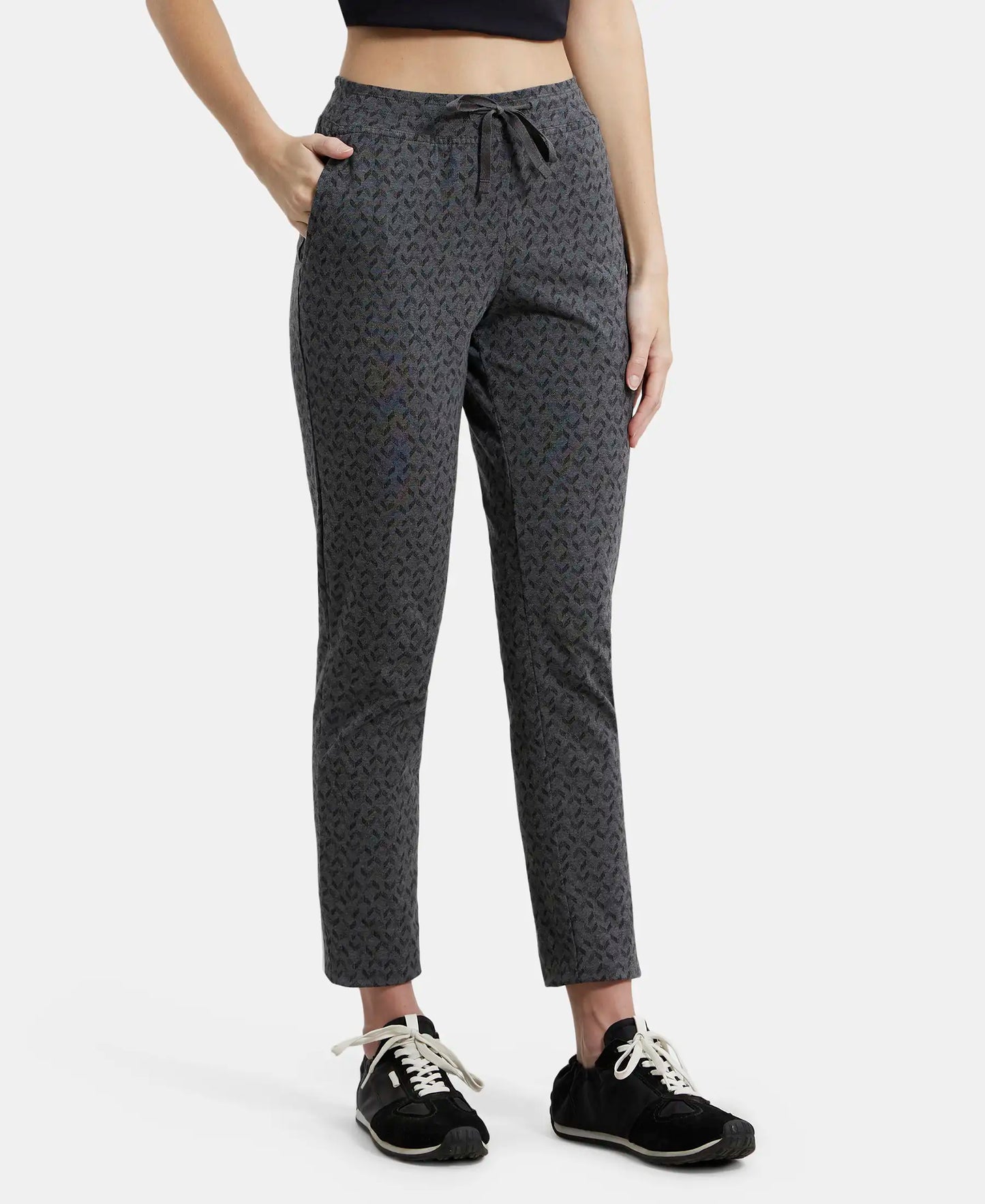 Super Combed Cotton Elastane Slim Fit Trackpants With Side Pockets - Charcoal Melange Printed-2