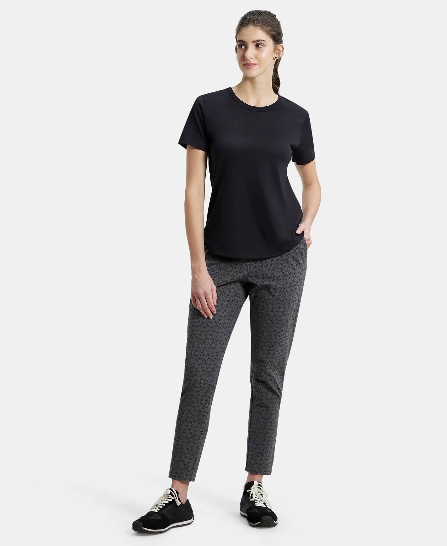 Super Combed Cotton Elastane Slim Fit Trackpants With Side Pockets - Charcoal Melange Printed-4