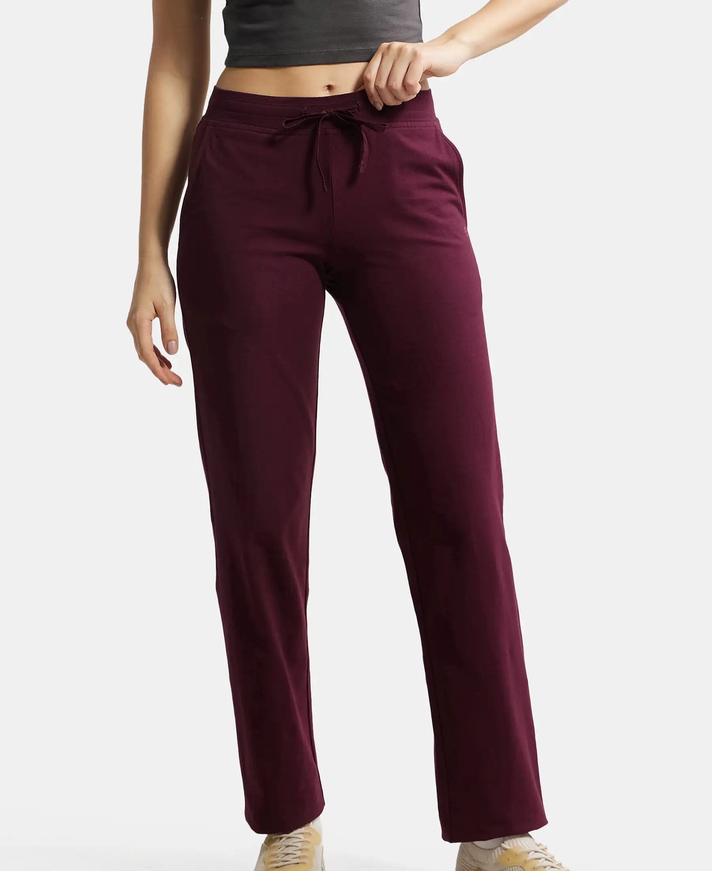 Super Combed Cotton Elastane Relaxed Fit Trackpants With Side Pockets - Wine Tasting-5