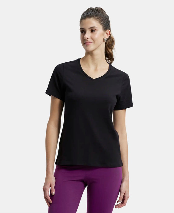 Super Combed Cotton Elastane Regular Fit Solid V Neck Half Sleeve T-Shirt - Black-1