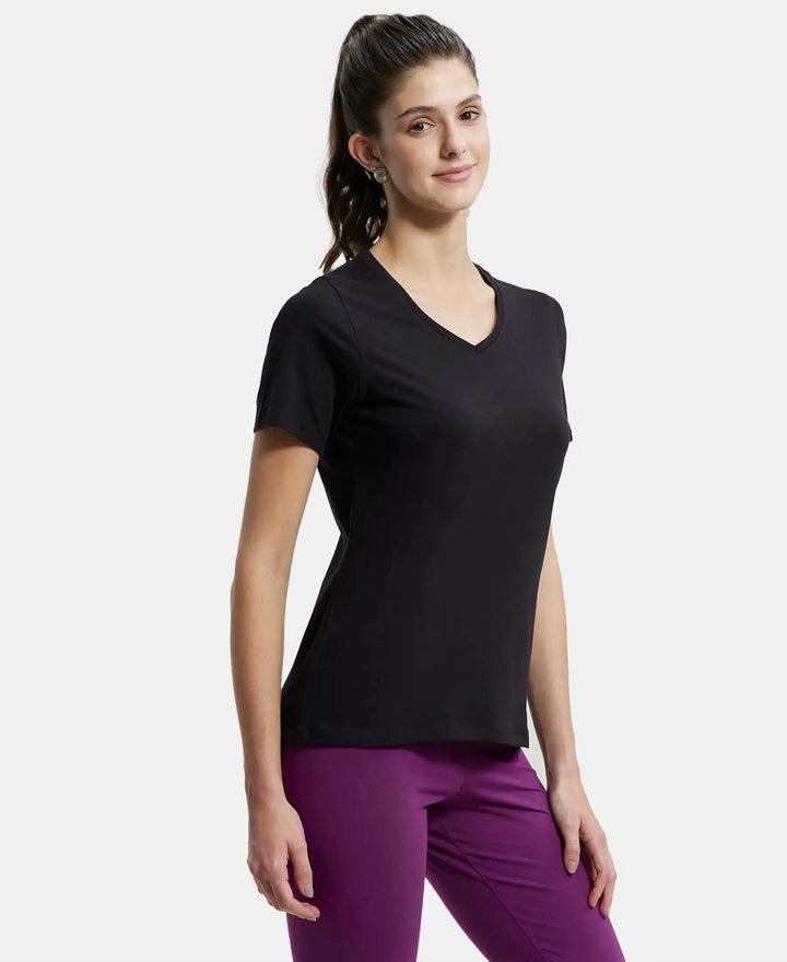 Super Combed Cotton Elastane Regular Fit Solid V Neck Half Sleeve T-Shirt - Black-2