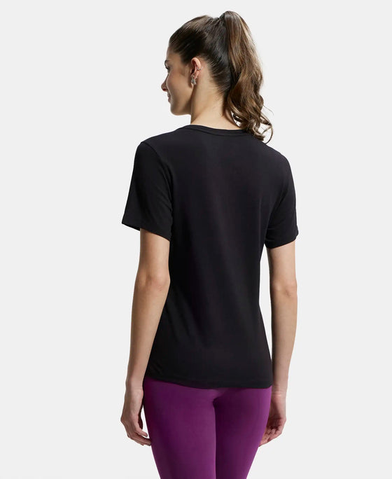 Super Combed Cotton Elastane Regular Fit Solid V Neck Half Sleeve T-Shirt - Black-3
