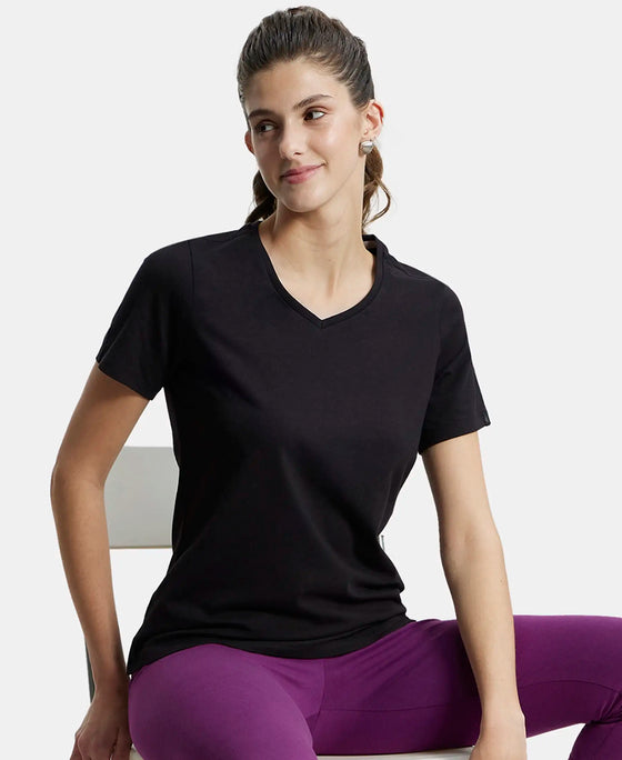 Super Combed Cotton Elastane Regular Fit Solid V Neck Half Sleeve T-Shirt - Black-5