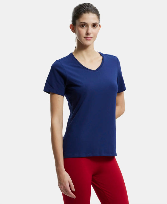 Super Combed Cotton Elastane Regular Fit Solid V Neck Half Sleeve T-Shirt - Imperial Blue-2