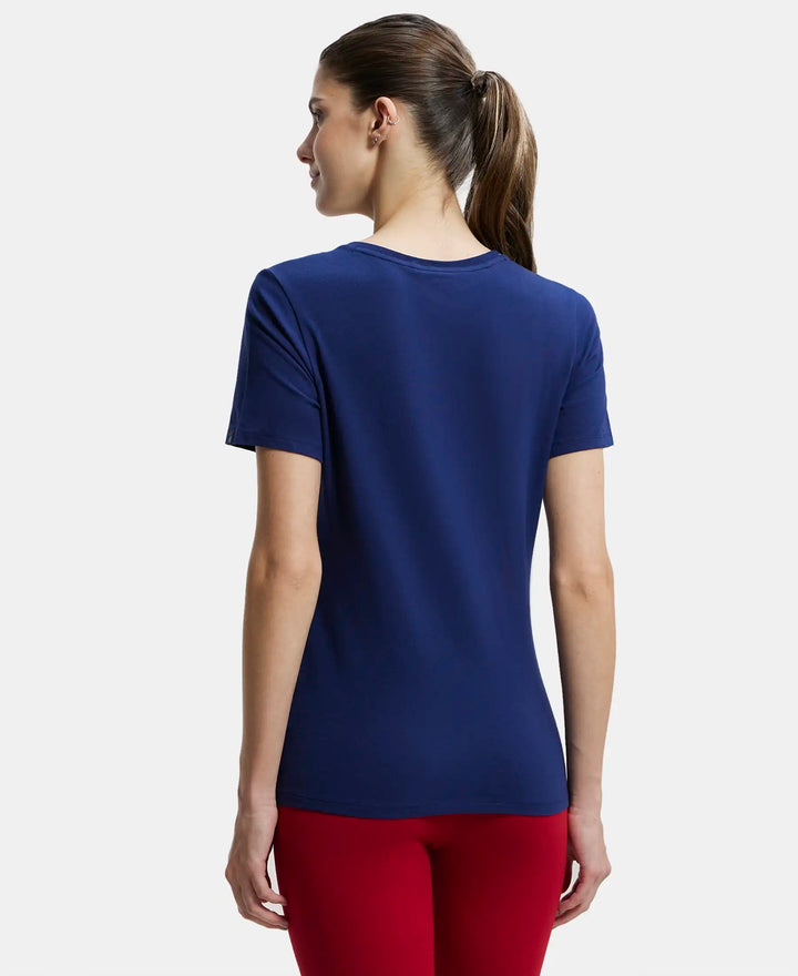 Super Combed Cotton Elastane Regular Fit Solid V Neck Half Sleeve T-Shirt - Imperial Blue-3