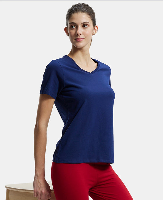 Super Combed Cotton Elastane Regular Fit Solid V Neck Half Sleeve T-Shirt - Imperial Blue-5