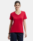 Super Combed Cotton Elastane Regular Fit Solid V Neck Half Sleeve T-Shirt - Jester Red-1