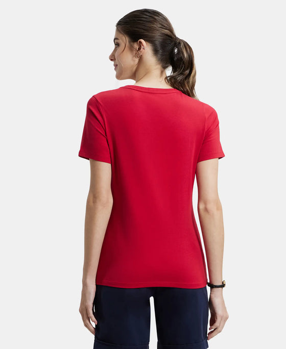 Super Combed Cotton Elastane Regular Fit Solid V Neck Half Sleeve T-Shirt - Jester Red-3