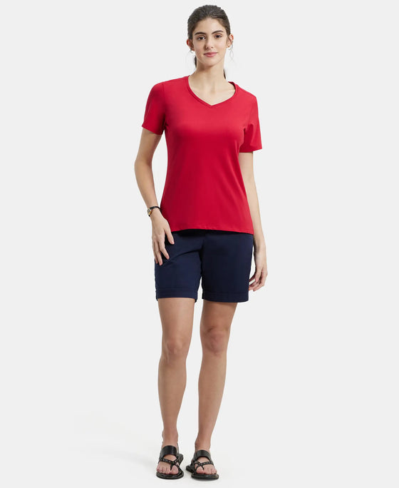 Super Combed Cotton Elastane Regular Fit Solid V Neck Half Sleeve T-Shirt - Jester Red-4