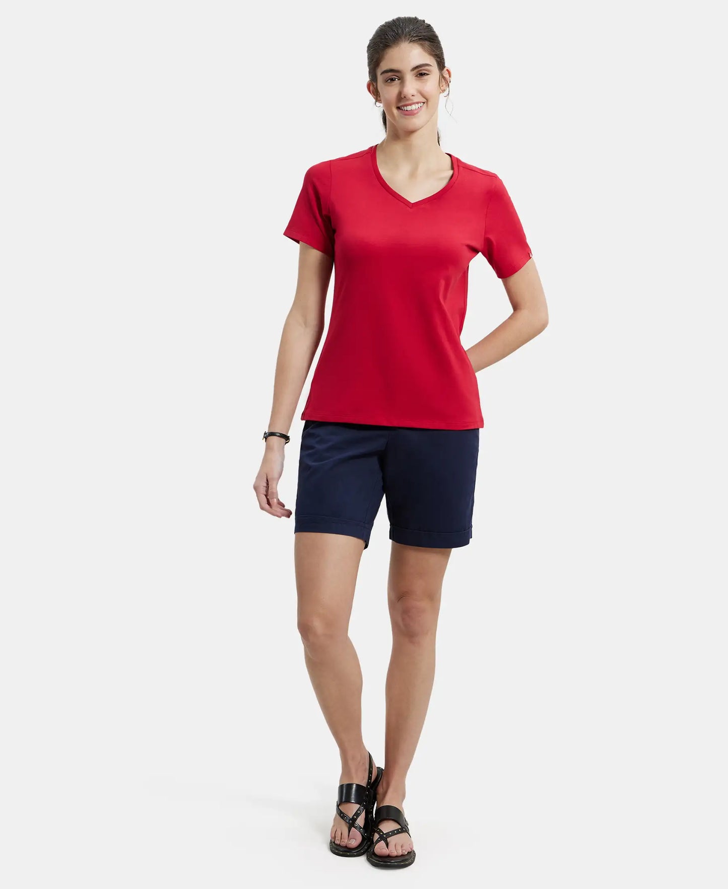 Super Combed Cotton Elastane Regular Fit Solid V Neck Half Sleeve T-Shirt - Jester Red-6