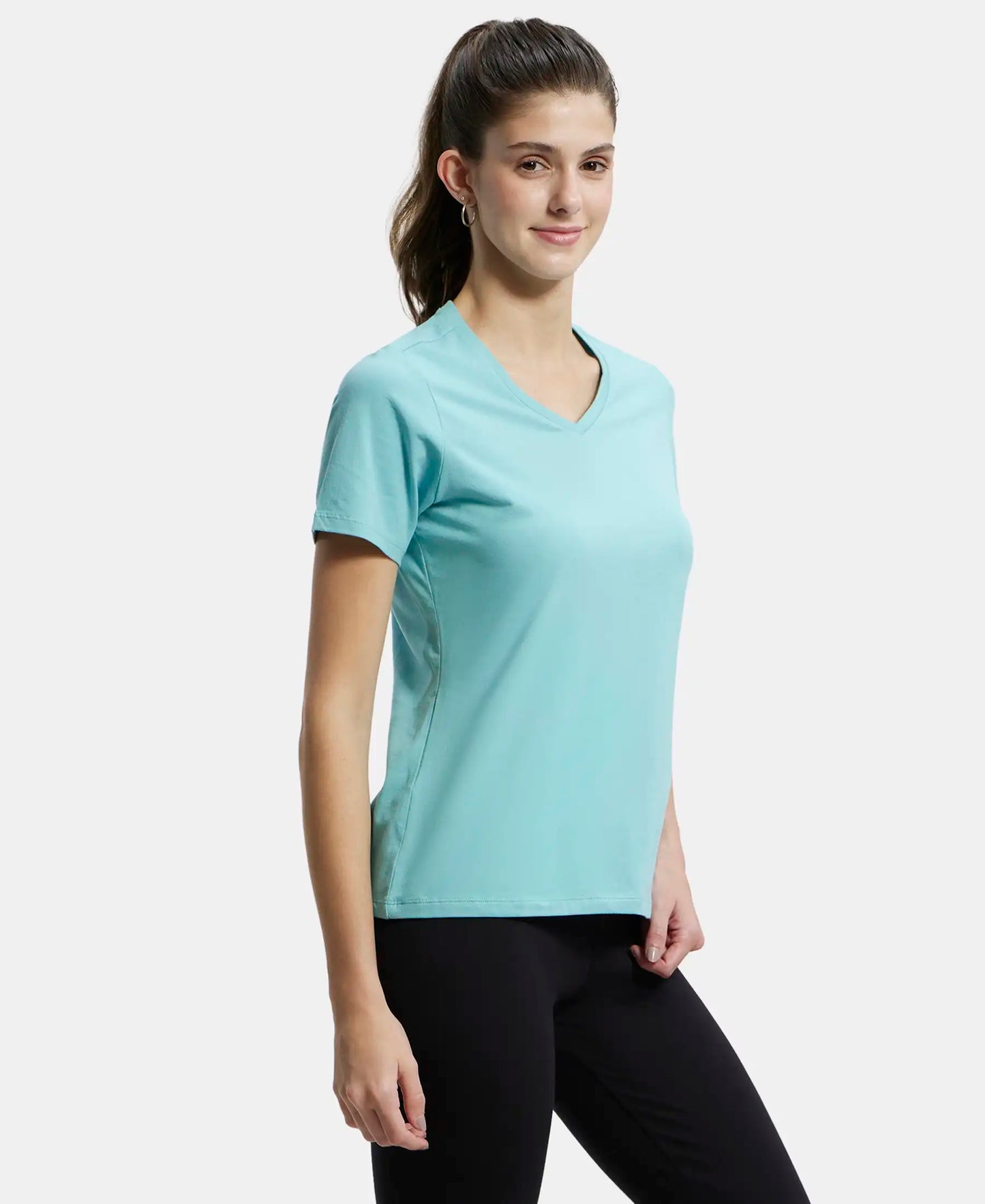 Super Combed Cotton Elastane Regular Fit Solid V Neck Half Sleeve T-Shirt - Nile Blue-2