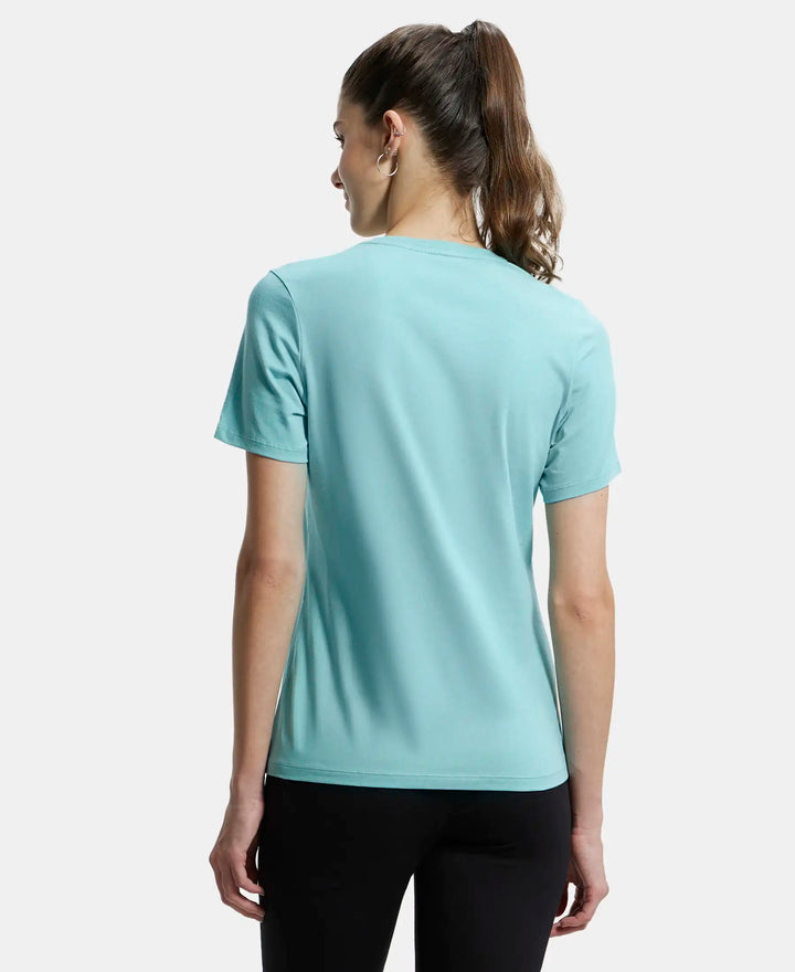 Super Combed Cotton Elastane Regular Fit Solid V Neck Half Sleeve T-Shirt - Nile Blue-3